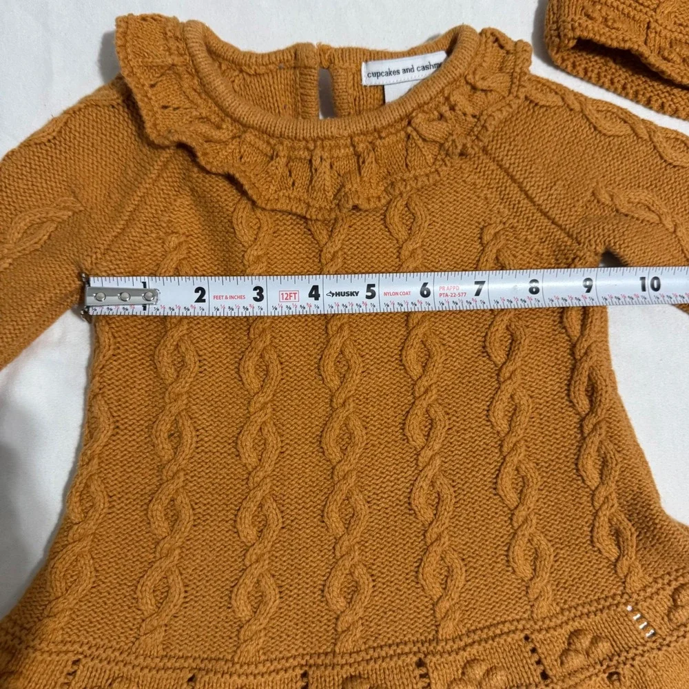 3-6M Cupcakes and Cashmere Baby Girl Mustard Cable Knit Sweater Dress‎ Hat Set
